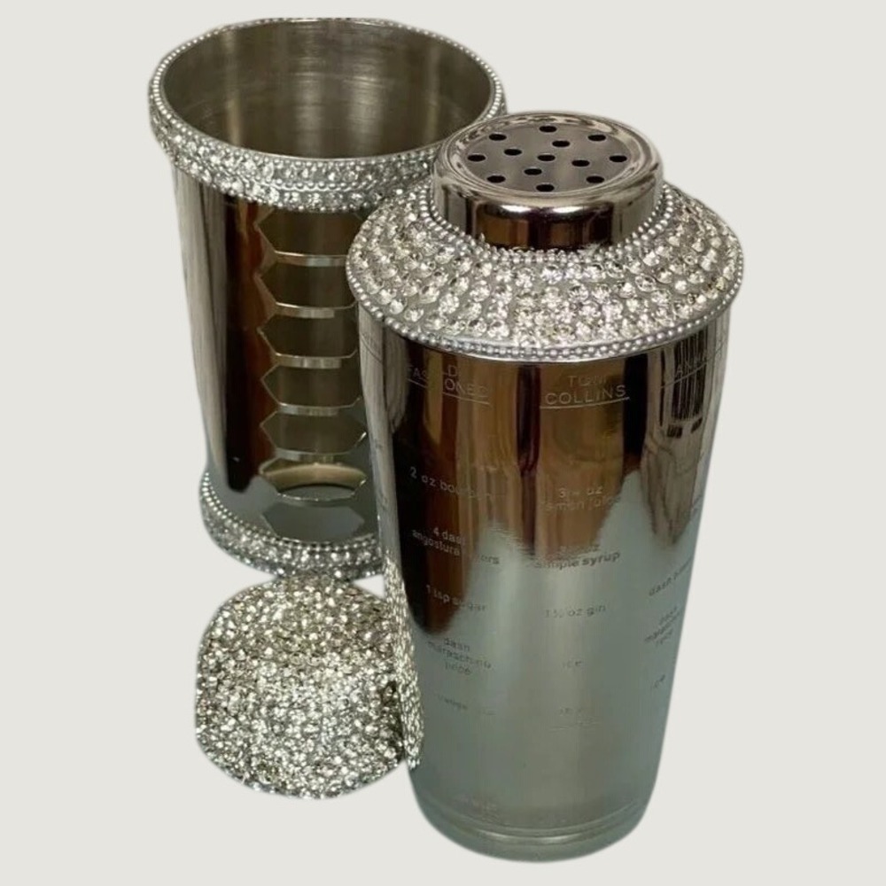 Global Export Nickel Metal Bling Cocktail Shaker Etched Built-In Recipes 3pc Set